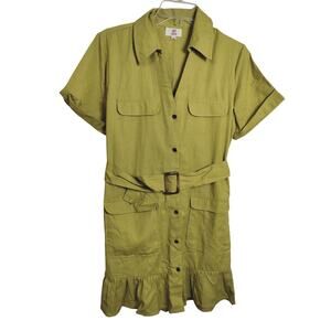 3550) Girl Soul Mustard Yellow Short Sleeve Belted Utility Mini Shirt Dress M